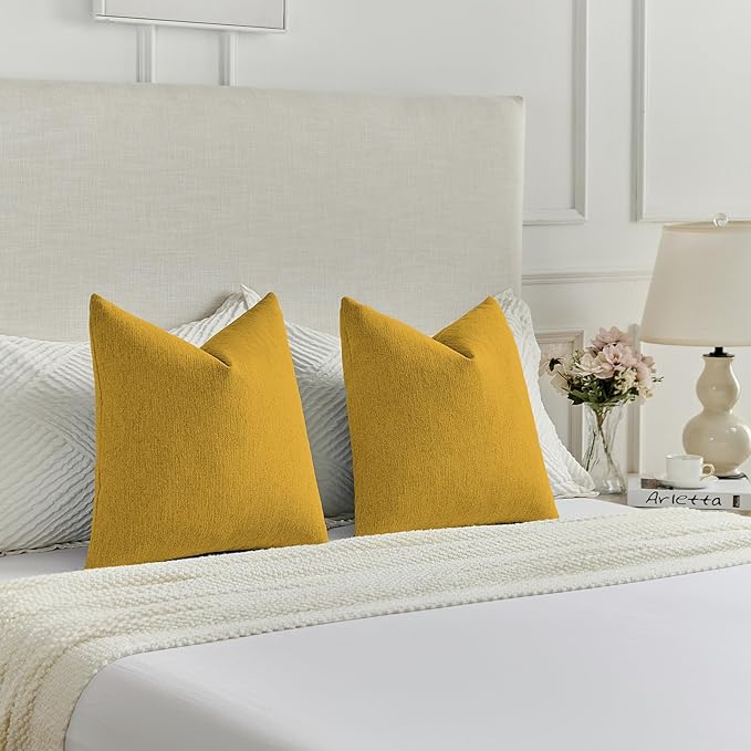 FUTEI Mustard Yellow Chenille Decorative Throw Pillow Covers 12x20 Inch Set of 2,Soft Cozy Faux Linen Textured Lumbar Pillow Cases,Farmhouse Home Decor for Couch Living Room