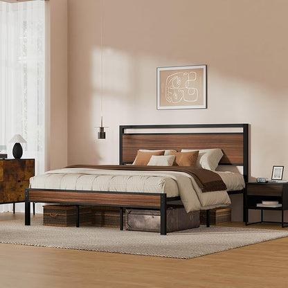 Z-hom Upgraded King Size Bed Frame, Heavy Duty Metal Sturdy King Bed Frame with Modern Wood Headboard & Footboard, Stable Platform Bed Furniture Bed Storage, No Noise, No Box Springs,Walnut