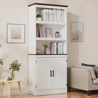 MHOM 71" Tall Bookshelf with Doors, 5 Tiers Farmhouse Bookcase with Adjustable Shelves, Wooden Rustic Display Cabinet for Home Office, Living Room, White