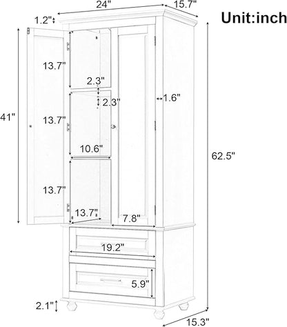 Polibi Tall Storage Cabinet with 2 Drawers, 3-Tier Adjustable Shelves & 2 Doors, Floor Freestanding Cabinet for Bathroom, Living Room, Grey