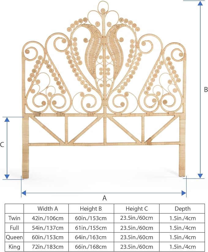KOUBOO Peacock Rattan Headboard, Twin Size, Natural Color