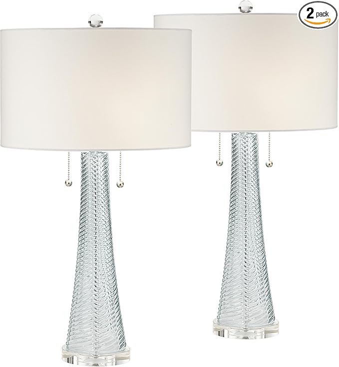 Possini Euro Design Miriam Modern Table Lamps 28.5" Tall Set of 2 Light Sky Blue Fluted Glass with Swirl Pattern White Drum Shade for Living Room Bedroom Bedside Nightstand Office Family