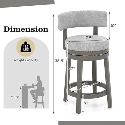 COSTWAY Bar Stool Set of 4, 27-inch 360° Swivel Barstool with Upholstered Back & Seat, Solid Rubber Wood Legs & Footrest, Farmhouse Counter Height Chair for Home, Bar, Cafe, Grey (4, Seat height 27‘’)