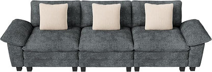 123" Cloud Modular Sectional Sofa, 3-Seater w/Deep Seat & Removable Arms, Plush Chenille for Living Room - Cyan