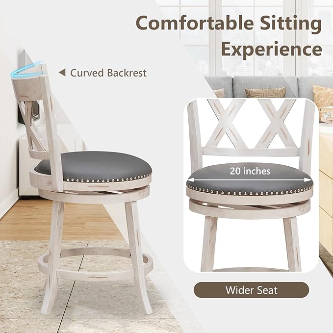 COSTWAY Bar Stool Set of 4 for Kitchen Island, 25.5” Swivel Armless Counter Height Stools with 20'' Wider Padded Seat, Ergonomic Curved Backrest, Rubber Wood Frame (4, Antique White + Gray)