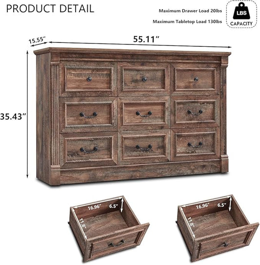 9 Drawers Dresser for Bedroom, Farmhouse 55" Wide Dressers & Chests of Drawers w/Roman Column, Large Storage Dressers Organizer for Bedroom, Living Room, Hallway, Light Brown