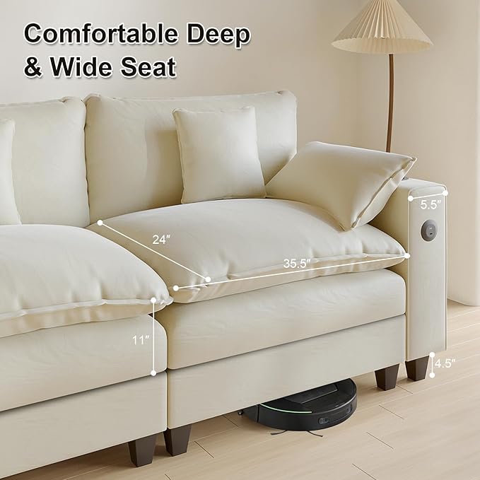 Cloud Couch, Modular Sectional Sofa with Ottoman, Charging Station, Throw Pillows, Cup Holders, Modern Convertible L Shaped Couches for Living Room, Bedroom (White, 116"- U Shape)