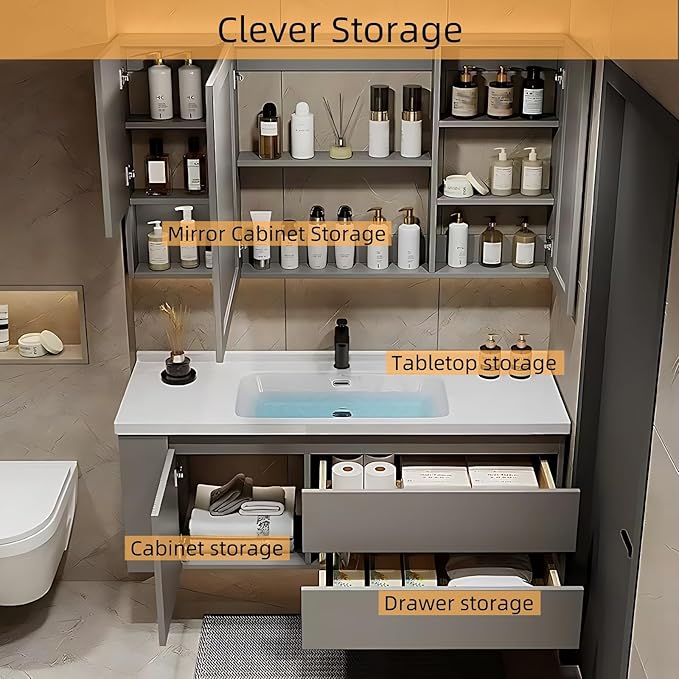 60IN Suspended Bathroom Cabinet Combo Set - Fully Functional LED Mirror with Smart Defogging & Time Display | Bathroom Vanity with Sink,Side Cabinet Storage Compartment (Style A)