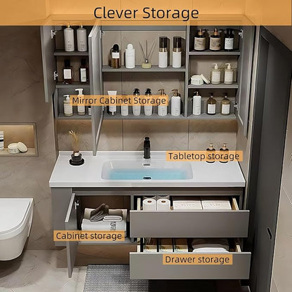 60IN Suspended Bathroom Cabinet Combo Set - Fully Functional LED Mirror with Smart Defogging & Time Display | Bathroom Vanity with Sink,Side Cabinet Storage Compartment (Style A)