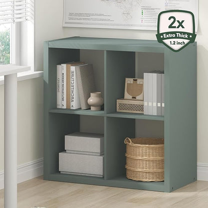 Furinno Cubicle Book Shelf, 4-Cube Thick Frame Bookshelf, Reversible Bookcase with Open Back, 14.6" x 30" x 30", for Living Room, Bedroom, Home Office, Sage Green