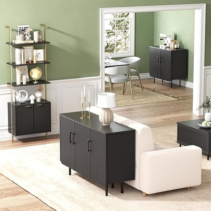 Set of 2 Fluted Black Storage Cabinets, Modern 2-Door Sideboard Buffet Cabinet with Adjustable Shelves and Metal Legs, Accent Cabinet for Kitchen, Living Room, Entryway (Black)