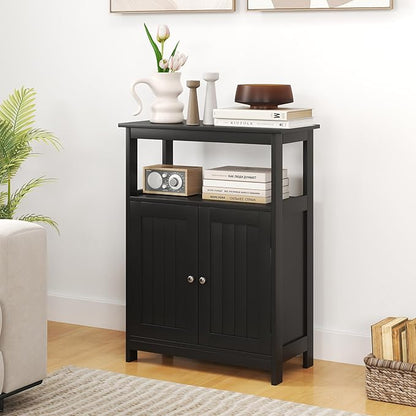 Tangkula Bathroom Storage Cabinet, Freestanding Floor Organizer with 2 Doors & 1 Adjustable Shelf, Modern Home Bathroom Furniture for Living Room Entryway Kitchen (Cabinet, Black)