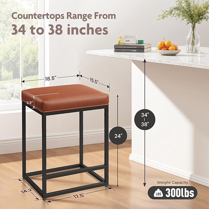 ALPHA HOME 24 Inch Counter Height Bar Stools Set of 4, Upholstered Bar Stools for Kitchen Island, Counter Stools with Faux Leather Cushion and Sturdy Metal Frame, Modern Barstools, Caramel