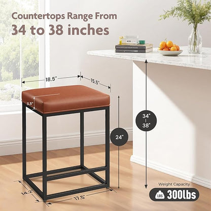 ALPHA HOME 24 Inch Counter Height Bar Stools Set of 3, Upholstered Barstools for Kitchen Island with Faux Leather Cushion and Sturdy Metal Frame, Caramel