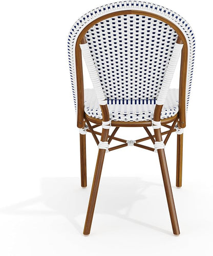 Martha Stewart Lily Pond Indoor-Outdoor Stackable Aluminum Bistro Chair with Natural Woodgrain Frame Finish and White/Navy Woven Rattan Backrest and Seat