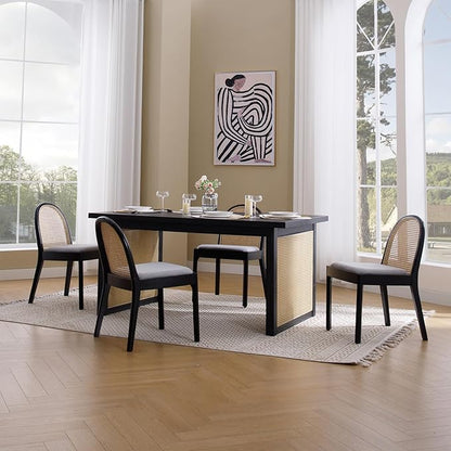 Rattan Dining Chairs Set of 2, Modern Dining Room Chairs with Cane Back Comfy Accent Kitchen Chair Upholstered Linen Fabric Chair for Restaurant/Living Room, Grey