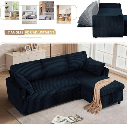 84" Corduroy Pull Out Sofa Bed w/Adjustable Backrests, Sectional L-Shape Sleeper Sofa w/Storage Chaise, Convertible Couch Bed w/USB Charging Port & Cup Holders for Living Room, House, Blue