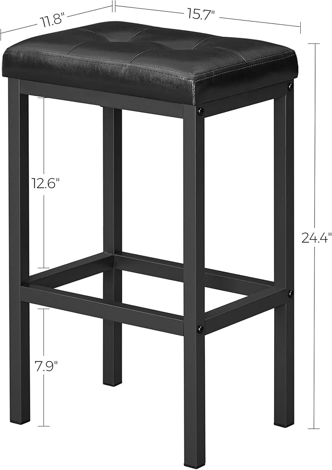VASAGLE Bar Stools, Set of 2 PU Upholstered Breakfast Stool, 15.7 x 11.8 x 24.4 Inches, Backless, Simple Assembly, Industrial, Dining Room Kitchen Counter Bar, Black Seat and Black Frame ULBC068B81