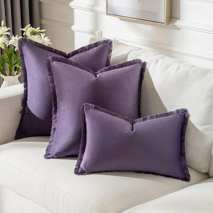 FUTEI Eggplant Purple Velvet Decorative Throw Pillow Covers 24x24 Set of 2,Soft Cozy Edge with Tassels European Cushion Case,Boho Modern Home Decor for Couch Bed Living Room