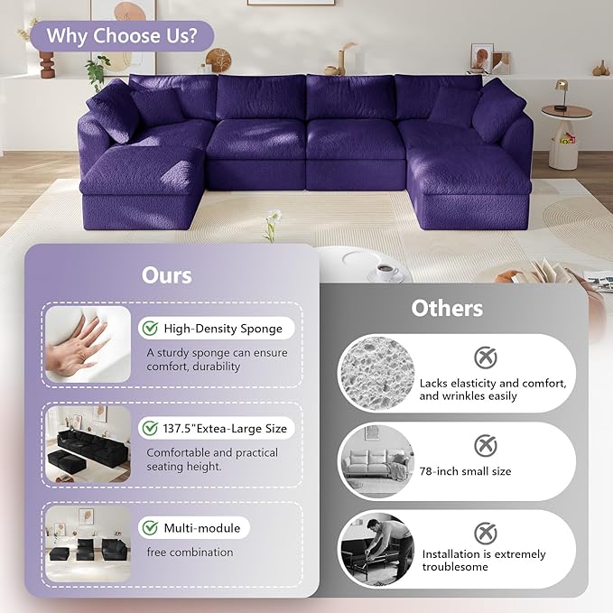 138" Boneless Cloud Couch Modular Sectional Sofa with Deep Seat for Living Room, L Shape Couch with Ottoman, Snowflake Cloth and 40D Memory Sponge，2 Throw Pillows (Purple, 4 Seater+2 Ottoman)