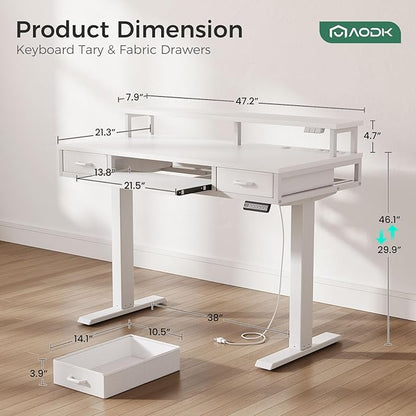AODK Electric Standing Desk with Drawers & Keyboard Tray, 47 Inch Height Adjustable Small Gaming Desk with Power Outlets & LED Lights, Sit Stand Table with Monitor Stand for Home, Office, White