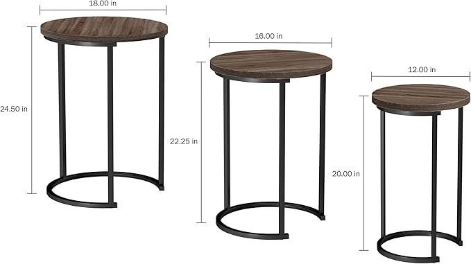 Lavish Home Nesting Tables - Set of 3 Round Side Tables for Living Room, Bedroom, or Home Office - Woodgrain-Look End Table Set - Modern Living Room Furniture (Gray/Brown)