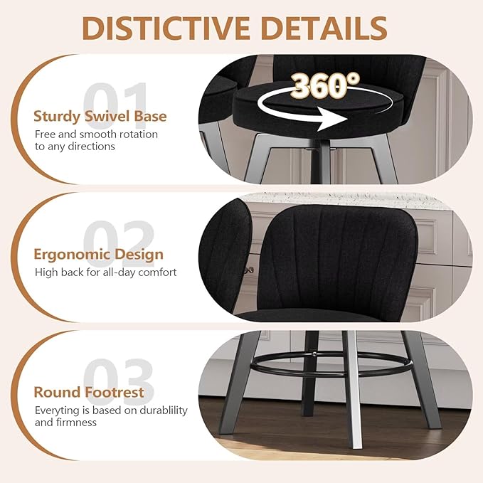 MINCETA Bar Stools Set of 4, 26 Inch Upholstered Barstools with Backrest and Footrest, Swivel Counter Height Barstools for Kitchen Island Home Bar Black