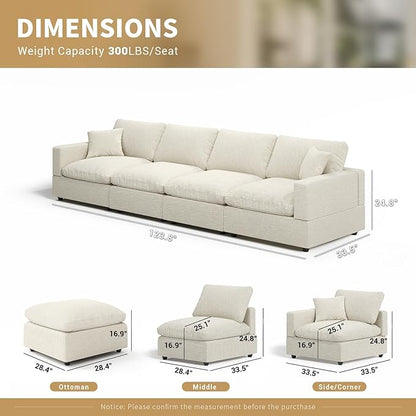 Modern Sectional Linen Couch for Living Room,4 Seat Modular Cloud Sofas,Detachable Couch Cushion Covers,Cozy Feather Down Sofa for Apartment Beige