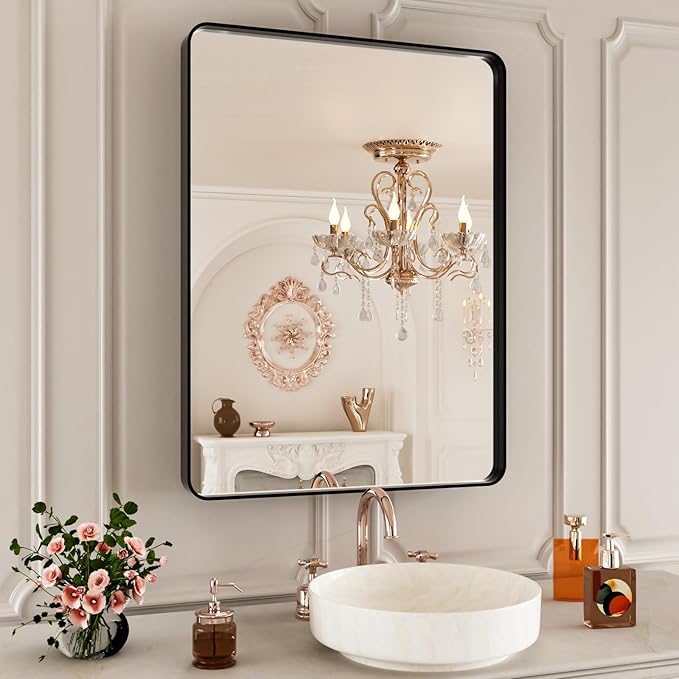 22x30 Inch Black Bathroom Mirror,Rectangle Wall Mirror for Bathroom,Round Corner Matte Black Metal Framed Mirror(Horizontal/Vertical)