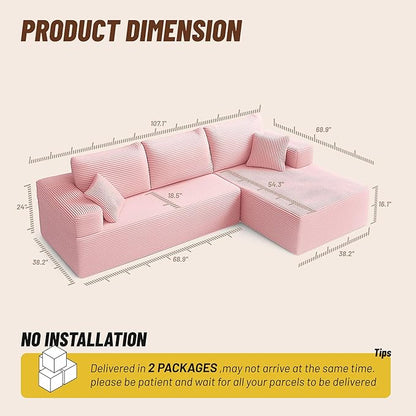 107" Boneless Couch with Deep Seat, Modular Sectional Sofa, Cloud Sectional Couch for Living Room, No Assembly Required, Corduroy, L-Shape Right，Pink