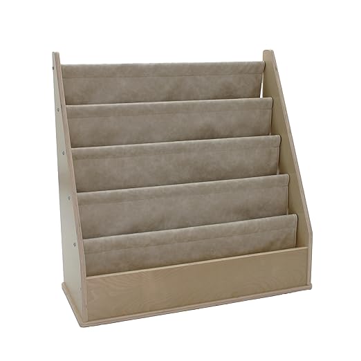 Factory Direct Partners Rustic Kid Birch Sling Book Display; Distressed Faux Leather 4-Shelf Storage for Books or Magazines; Furniture for Bedroom, Playroom, Daycare or Classroom - Almond, 13745-320