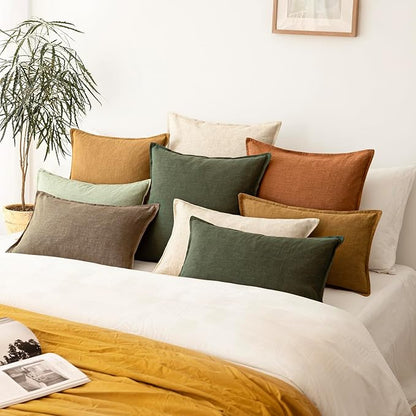 Foindtower Pack of 2, Decorative Linen Solid Throw Pillow Covers Soft Accent Cushion Case Farmhouse Neutral Pillowcase for Chair Couch Sofa Bedroom Living Room Home Decor 24 x 24 Inch Dark Olive Green