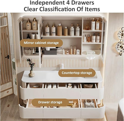 40IN Bathroom Vanity - Bathroom Vanity with Sink with Intelligent Induction Light | Wall-Mounted Bathroom Vanity with Intelligent LED Mirror Cabinet & 6 Drawers, Cream Color