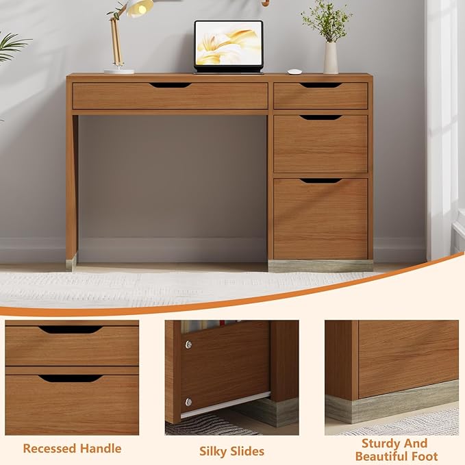 48 Inch Small Desk with 4 Drawers, Computer Desk with Storage File Cabinet for Bedroom, Home Office Desk with Storage for Small Space, Brown