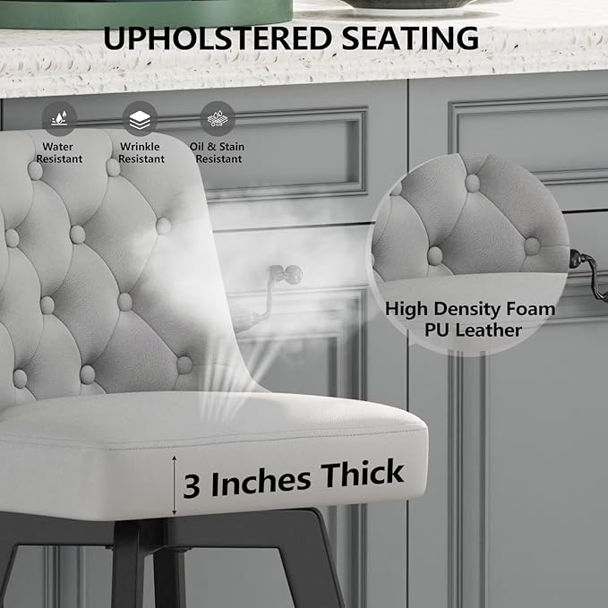 MINCETA Bar Stool, PU Leather Barstool, 30 Inch Upholstered Counter Stool with Low Tufted Back and Footrest, Swivel Counter Height Barstool for Kitchen Island Home Bar Light Gray