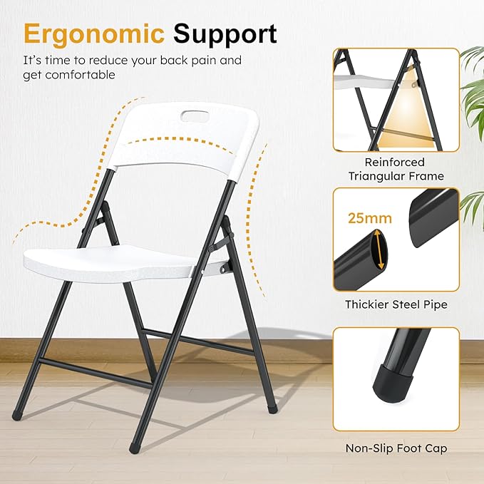 6 Pack Folding Chairs, 700lbs Capacity Heavy Duty Folding Chair with Reinfoced Steel Frame for Indoor/Outdoor Use, White Plastic Foldable Chairs for Party, Patio, Meeting, Wedding and School