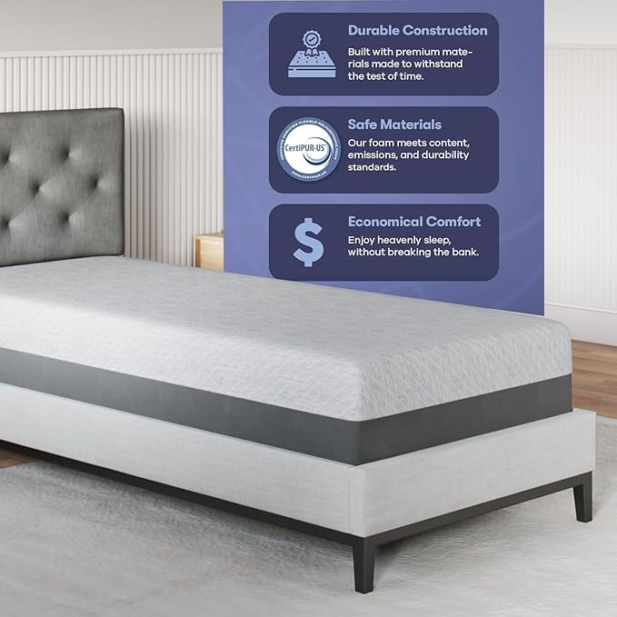 Celestial Sleep Gel Memory Foam Mattress in a Box, Made in The USA, CertiPUR-US® Certified Foam, Oeko-Tex, and Fiberglass-Free Certified Bed, 10 inch Medium - Twin