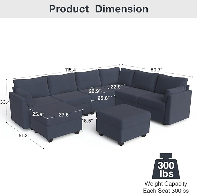 Modular Sectional Sofa Couches, Large Convertible Modular Couches With Storage, 8-Seater Sectional Sofa For Living Room, U Shaped Sectional Couch Sleeper Sofa With Chaise (BlueGrey, 8 Seats)