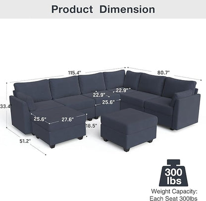 Modular Sectional Sofa Couches, Large Convertible Modular Couches With Storage, 8-Seater Sectional Sofa For Living Room, U Shaped Sectional Couch Sleeper Sofa With Chaise (BlueGrey, 8 Seats)