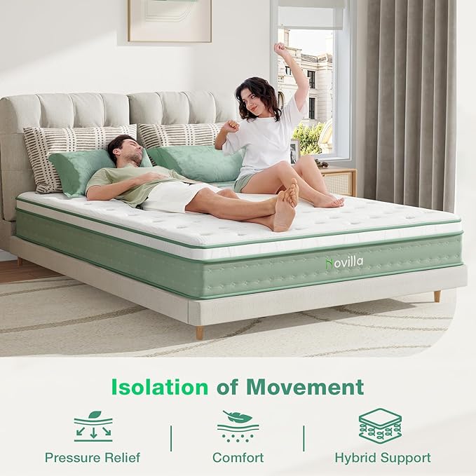 Novilla Queen Size Mattress, 10 Inch Hybrid Mattress in a Box, Foam with Individual Pocket Coils for Quality Sleep, Pillow Top Queen Mattresses with Quilted Cover, Release Pressure