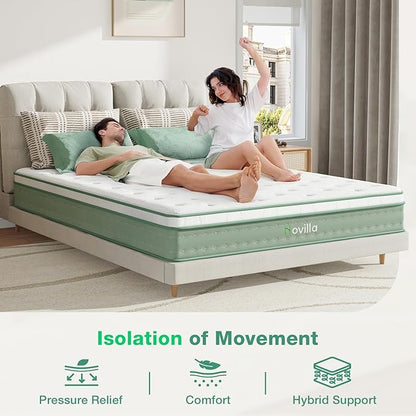 Novilla Queen Size Mattress, 10 Inch Hybrid Mattress in a Box, Foam with Individual Pocket Coils for Quality Sleep, Pillow Top Queen Mattresses with Quilted Cover, Release Pressure