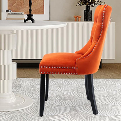 Velvet Upholstered Dining Chairs Set of 6, Modern Style Kitchen Side Chairs with Nailhead Trim and Wood Legs,Metal Pulling Ring for Dining Room Living Room(Orange,Set of 6)