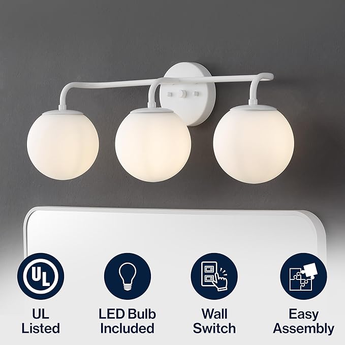 JONATHAN Y JYL3536D Louis Parisian Globe 25" 3-Light Metal/Frosted Glass Modern Contemporary LED Vanity Light Midcentury, Glam, Transitional, Bathroom, Powder Room, Dressing Room, Bedroom, White