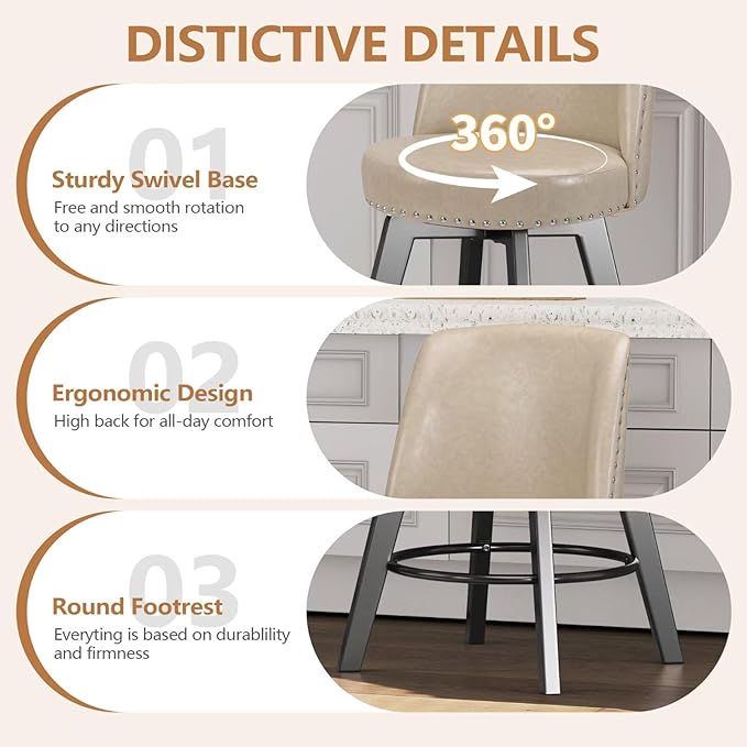 MINCETA Bar Stools Set of 4, PU Leather Barstools, 26 Inch Upholstered Counter Stools with High Back and Footrest, Swivel Counter Height Barstools for Kitchen Island Home Bar Khaki