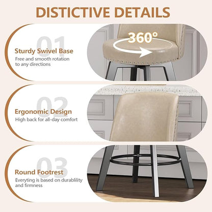 MINCETA Bar Stools Set of 4, PU Leather Barstools, 26 Inch Upholstered Counter Stools with High Back and Footrest, Swivel Counter Height Barstools for Kitchen Island Home Bar Khaki