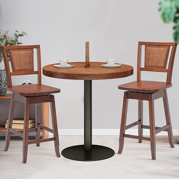 COSTWAY Bar Stools Set of 2, 24.5 Inch Counter Height Bar Stool with Rattan Back, 360°Swivel Seat, Comfortable Footrests, Rubber Wood Bar Stools for Kitchen Island, Dining Room, Cafe, Pub (2)
