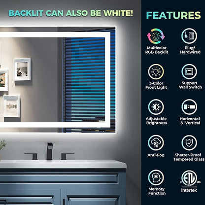 96x36 Inch RGB LED Bathroom Mirror Front Light and RGB Backlit Lighted Vanity Mirror for Bathroom Wall Mounted Dimmable Anti Fog Memory Shatter-Proof IP54 Waterproof Horizontal/Vertical