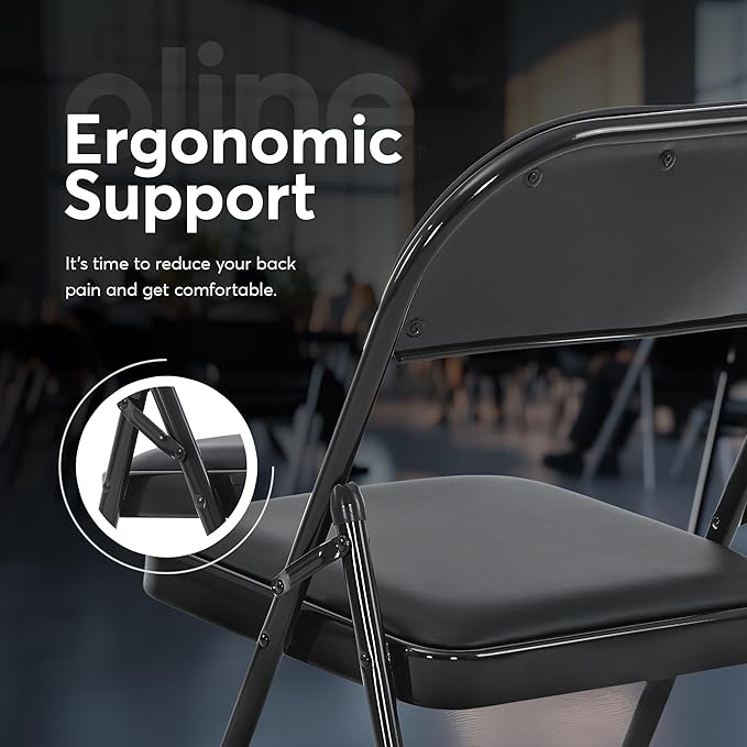 Oline Vinyl Folding Chairs, Padded Vinyl Cushion Chairs with Durable Metal Frame, Indoor Outdoor Stackable Foldable Guest Chairs for Office Wedding Kitchen Dining, 300lb Capacity (Black, 6 Pack)