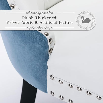 Leather Upholstered Dining Chairs Set of 6, Modern Style Kitchen Side Chairs with Nailhead Trim and Wood Leg, Metal Pulling Ring for Dining Room Living Room(White&Blue,Set of 6)