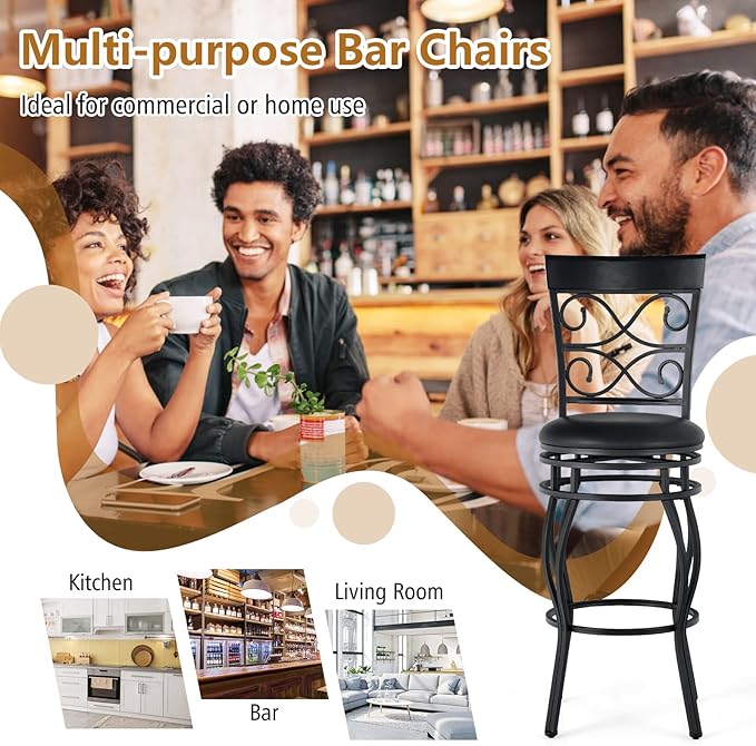 COSTWAY Bar Stools Set of 2, 360 Degree Swivel, 30" Bar Height Bar Stools, Leather Padded Seat Bistro Metal Bar Chairs with Back for Kitchen Island, Pub (Set of 2)